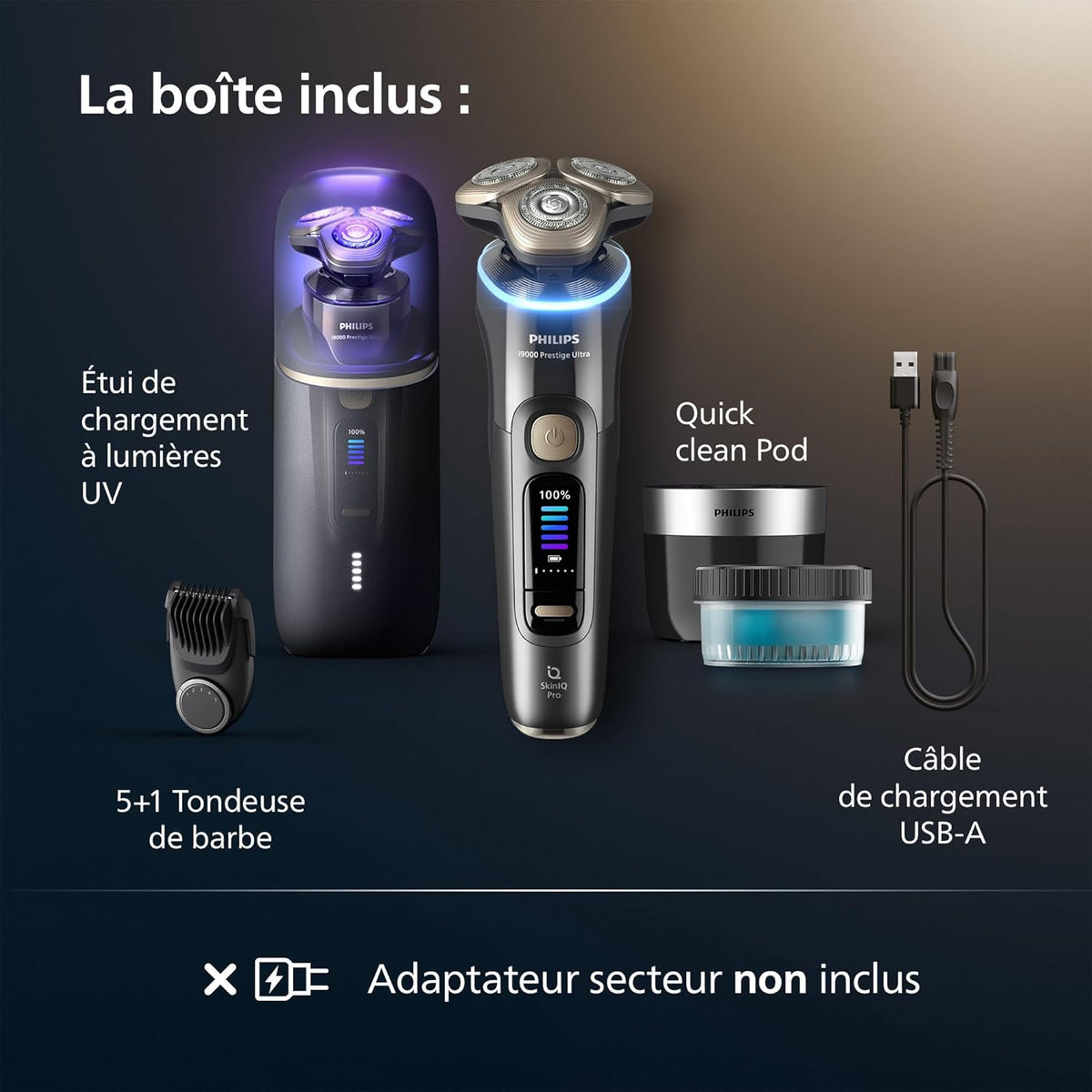 Philips Rasoir i9000 Prestige Ultra, Rasoir électrique 100% étanche, Technologie Skin IQ Pro, Système Triple Lift & Cut, Lames de précision NanoTech rotatives 360°, 5 modes de rasage, XP9401/38