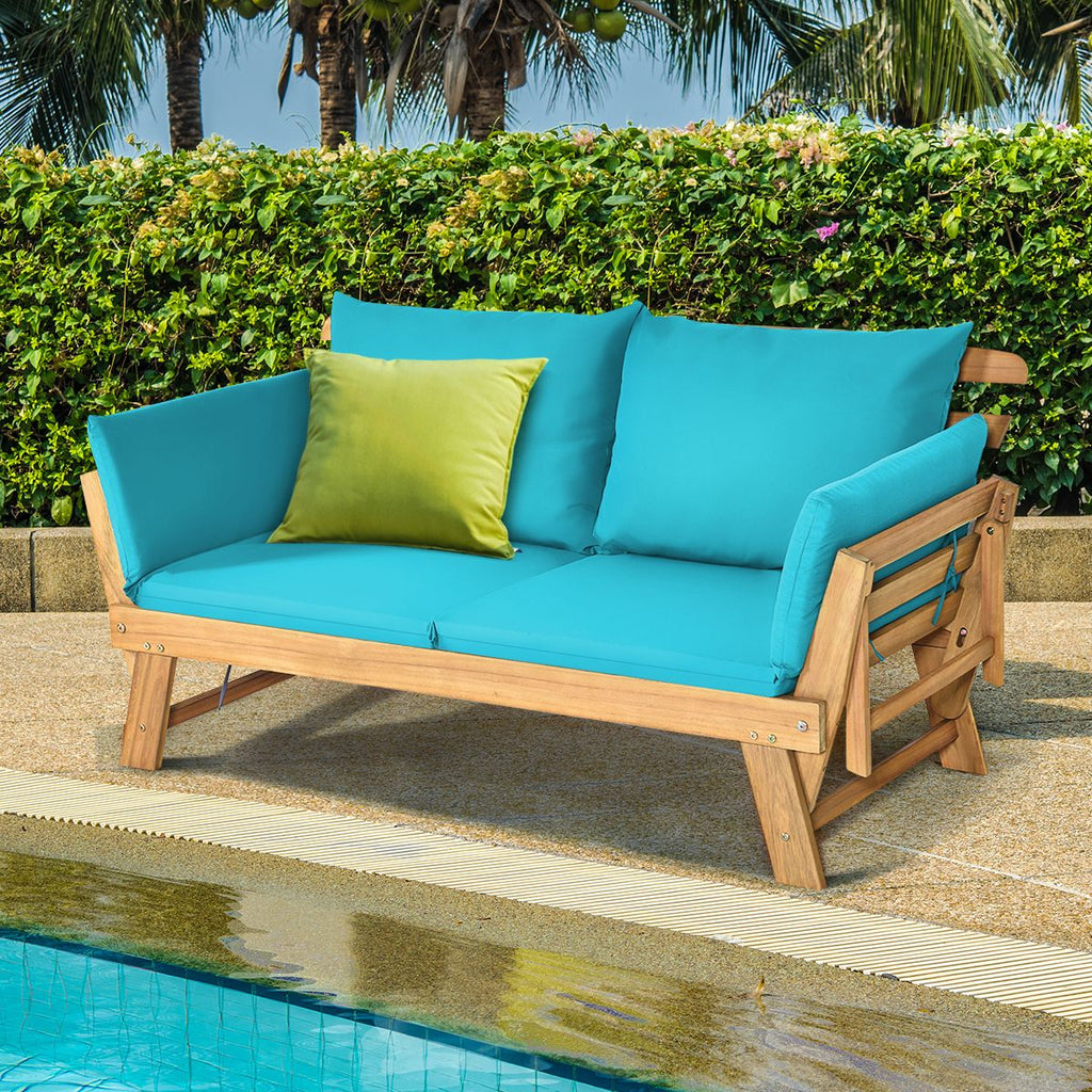 Chaise Longue Convertible avec Coussin Canapé de Jardin 2 en 1 en Bois d’Acacia avec Accoudoir Réglable pour Patio Piscine Jardin Blanc/Gris/Bleu/Rouge