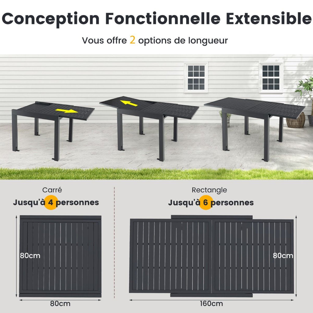Table de Jardin Extensible en Aluminium Ajustable de 80 à 160 CM Table à Manger Extérieure Plateau à Lattes pour 4-6 Personnes Gris Foncé