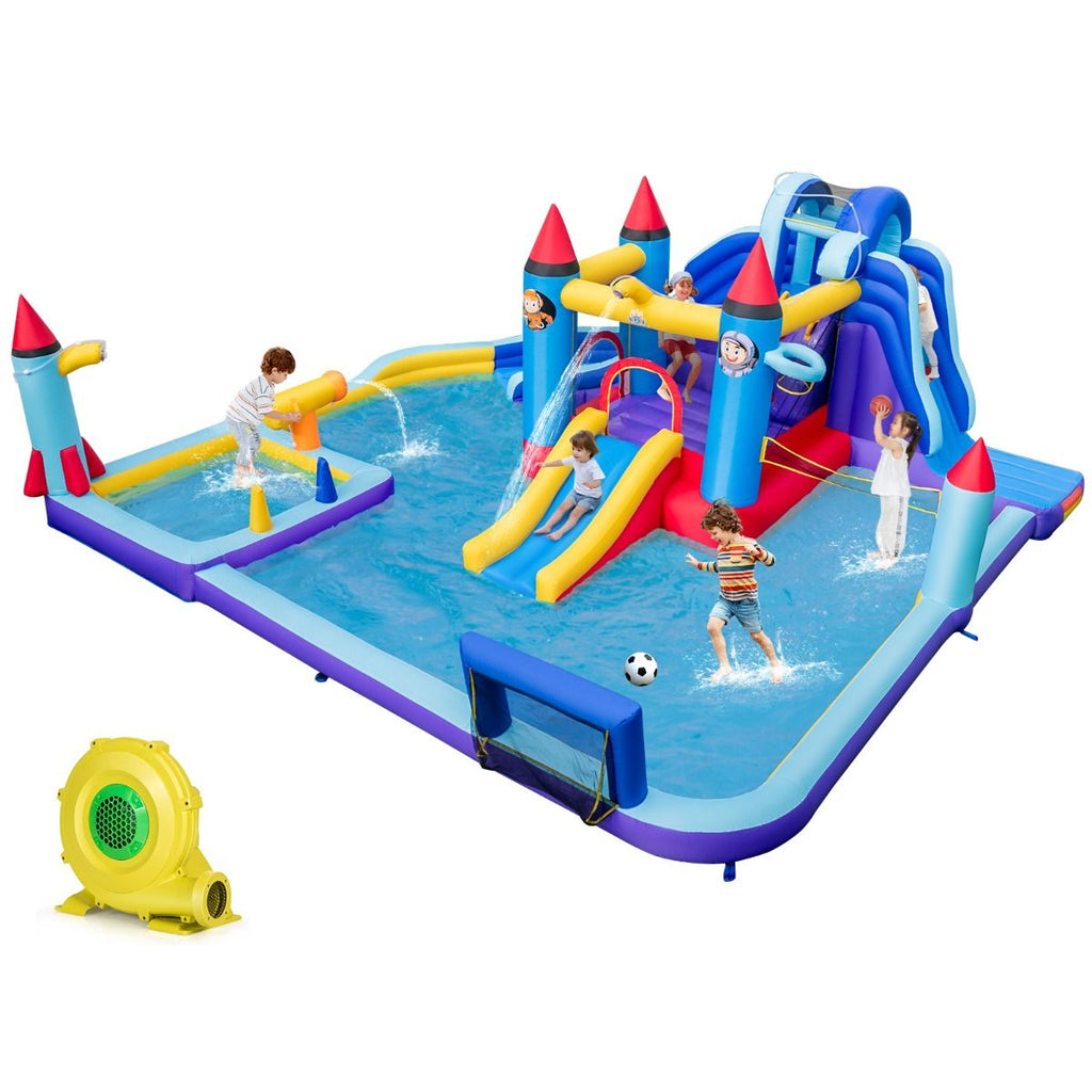 Chateau Gonflable à Toboggans Aquatiques Thème de La Fusée pour Enfants Piscine Zone de Saut Pistolet à Eau Escalade Souffleur de 850 W Multicolore