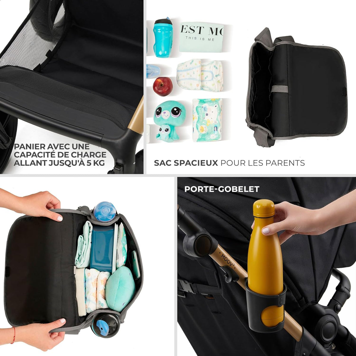 Kinderkraft MOOV2 Poussette 3 en 1, Système de voyage de la naissance à 27 kg, Siège auto Mink PRO I-Size inclus, Capote extensible avec filtre UPF50+, Accessoires pratiques, Gris