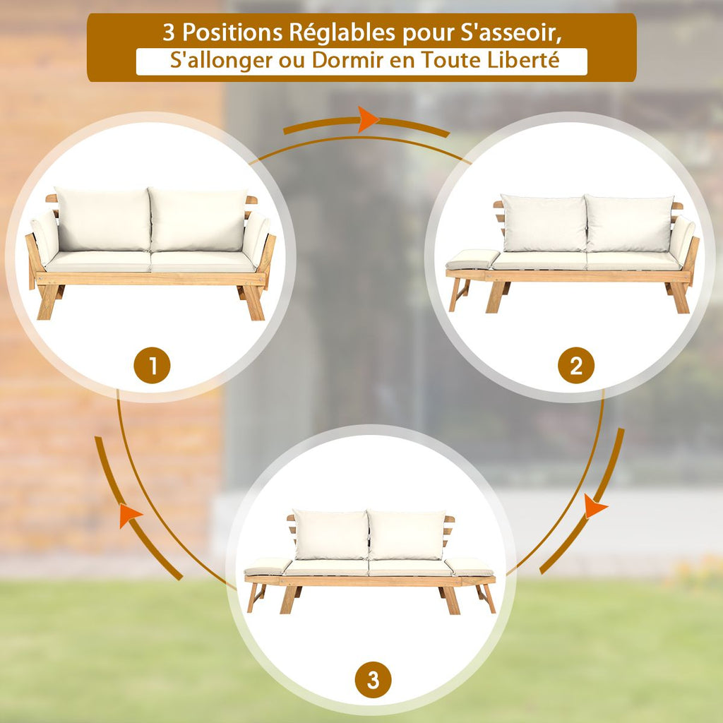 Chaise Longue Convertible avec Coussin Canapé de Jardin 2 en 1 en Bois d’Acacia avec Accoudoir Réglable pour Patio Piscine Jardin Blanc/Gris/Bleu/Rouge