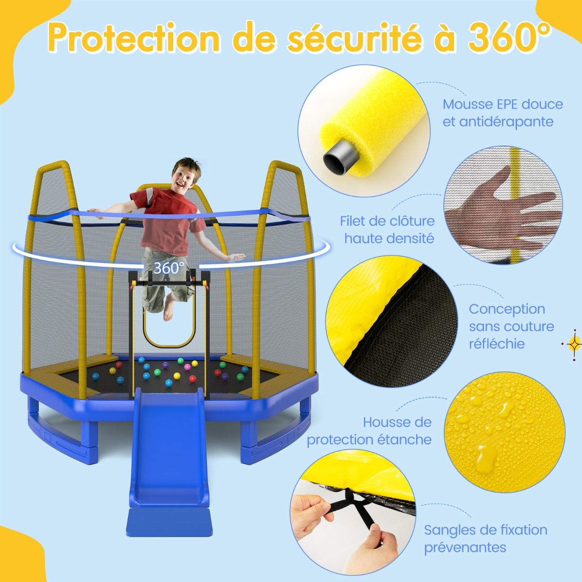 Trampoline Extérieur ? 223cm avec Toboggan&Echelle avec Filet de Sécurité 2 Portes en U Charge 270kg pour 2-3 Enfants de 3 Ans+ Bleu/Vert