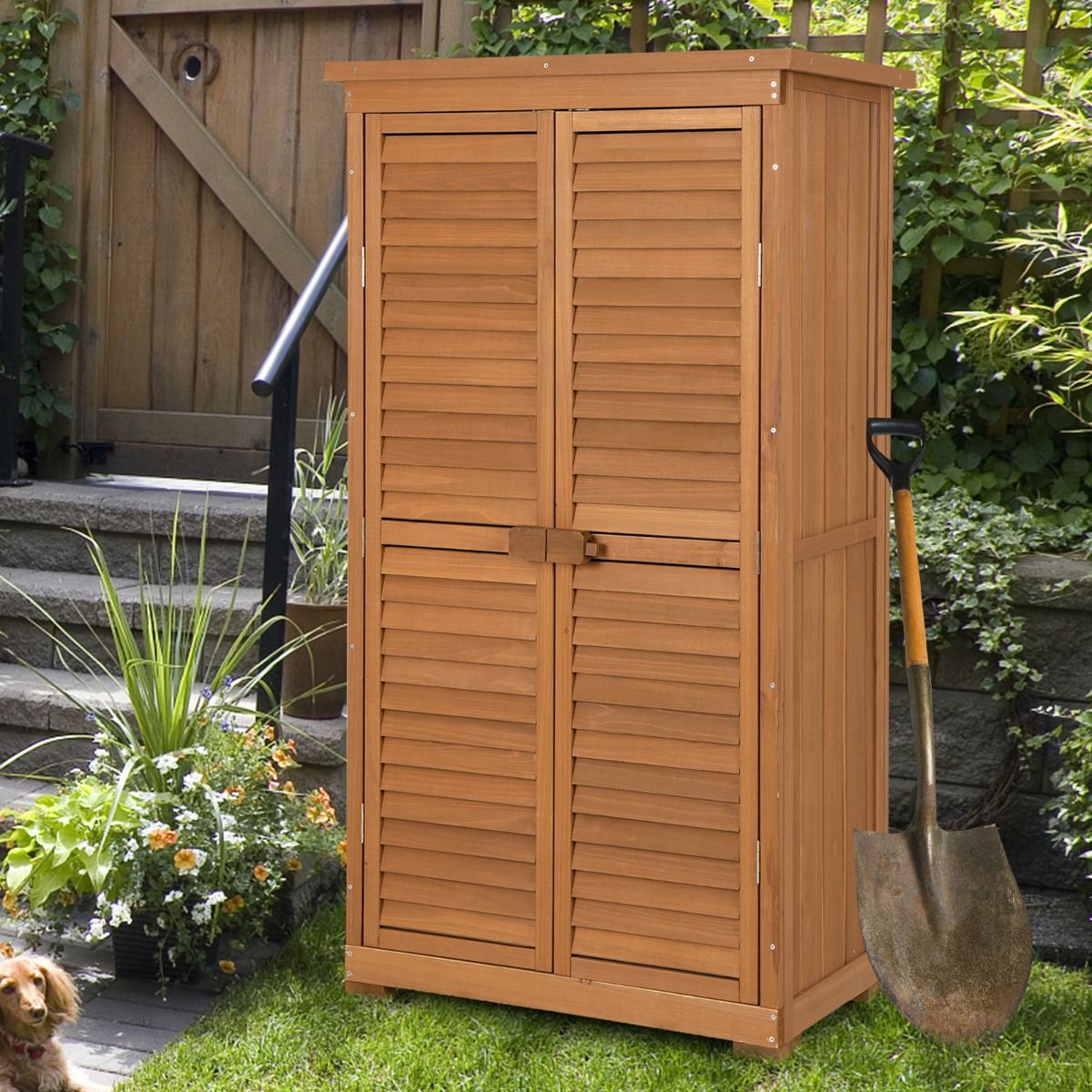 Abri de Jardin En Bois 160 Cm Toit en Asphalte 2 Portes Verrouillables avec Loquet Armoire Cabane en Sapin Pré-Huilé Imperméable 3 étagères Amovibles Naturel