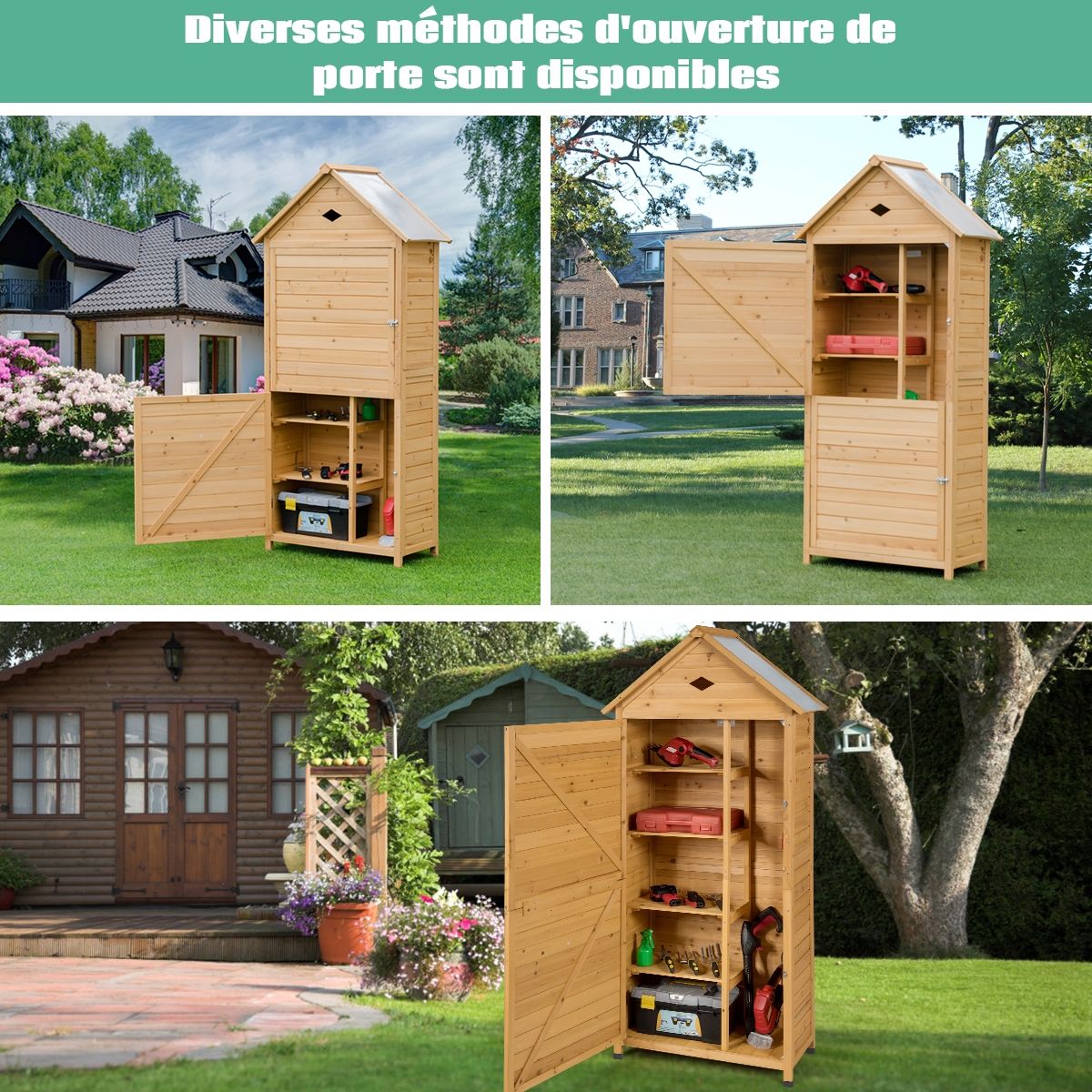 Abri de Jardin Extérieur à 5 Etagères Cabane Verrouillable en Bois de Sapin Toit en T?le Galvanisée