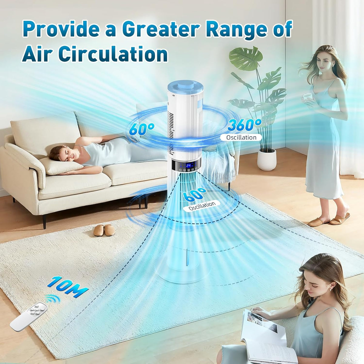 Climatiseur Mobile Silencieux Rafra?chisseur d'air avec Humidificateur, Ventilateur, 2 Sortie d'air, 360°Oscillation, 65W, 24H Minuteries, 3 Vitesses, 4 Modes,Télécommande pour Chambre Bureau