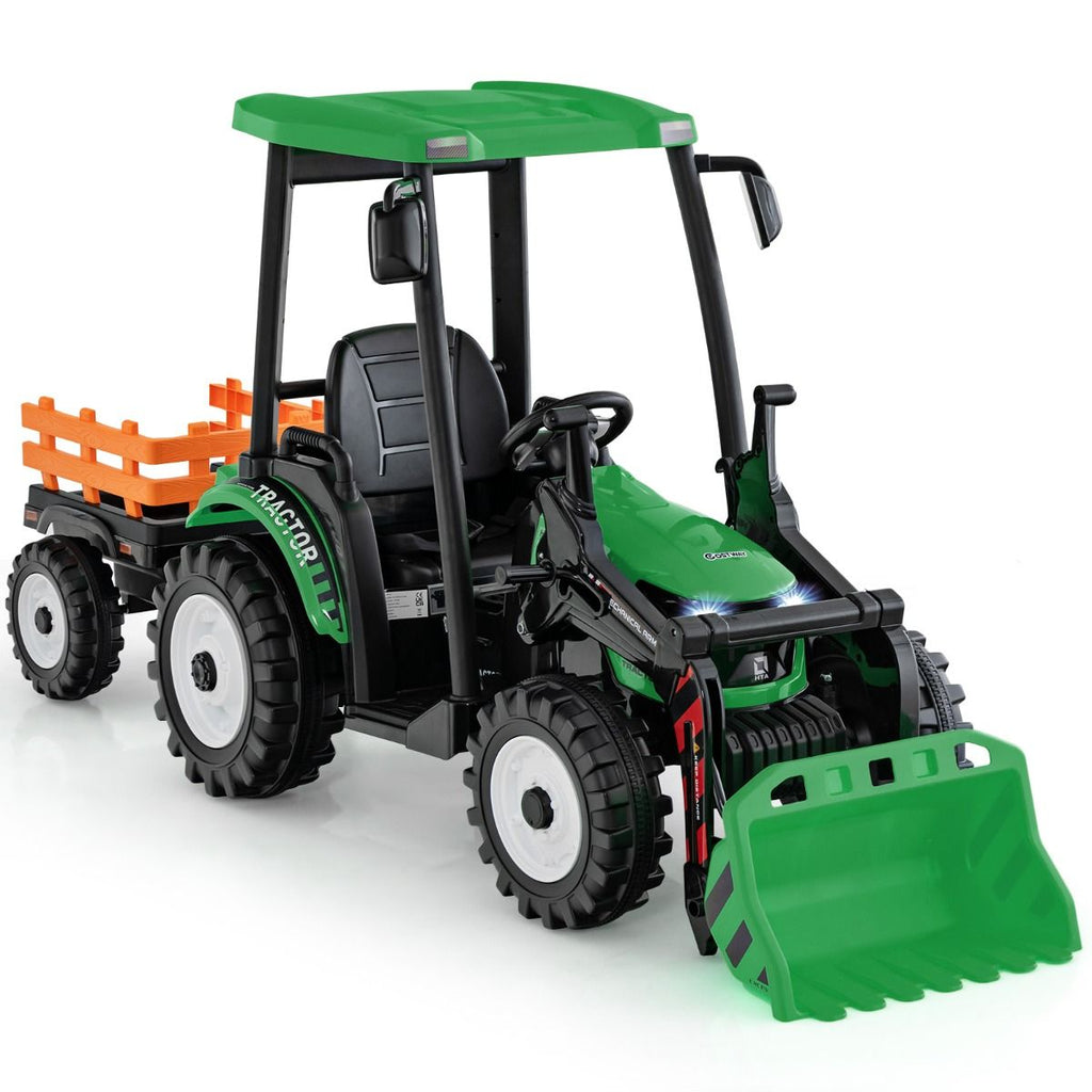 12V Tracteur électrique Enfants avec Pelle&Remorque Amovible Véhicule électrique à 6 Roues avec Télécommande & Musique 3-6 km/h pour 3-8 Ans Jaune/Vert