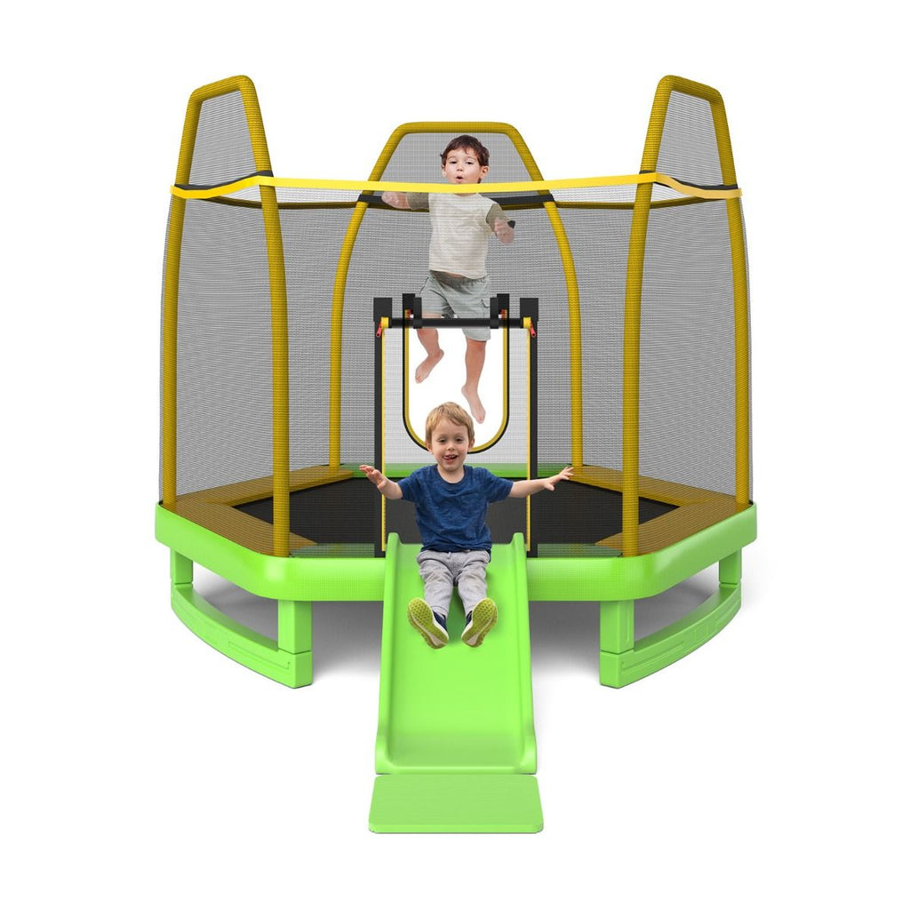 Trampoline Extérieur ? 223cm avec Toboggan&Echelle avec Filet de Sécurité 2 Portes en U Charge 270kg pour 2-3 Enfants de 3 Ans+ Bleu/Vert