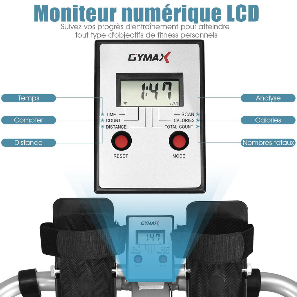 Rameur de Fitness Résistance Hydraulique Réglable 50kg Affichage LCD Pédale Antidérapante Charge de 100 kg Argenté
