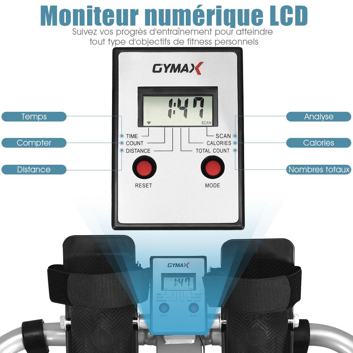 Rameur de Fitness Résistance Hydraulique Réglable 50kg Affichage LCD Pédale Antidérapante Charge de 100 kg Argenté