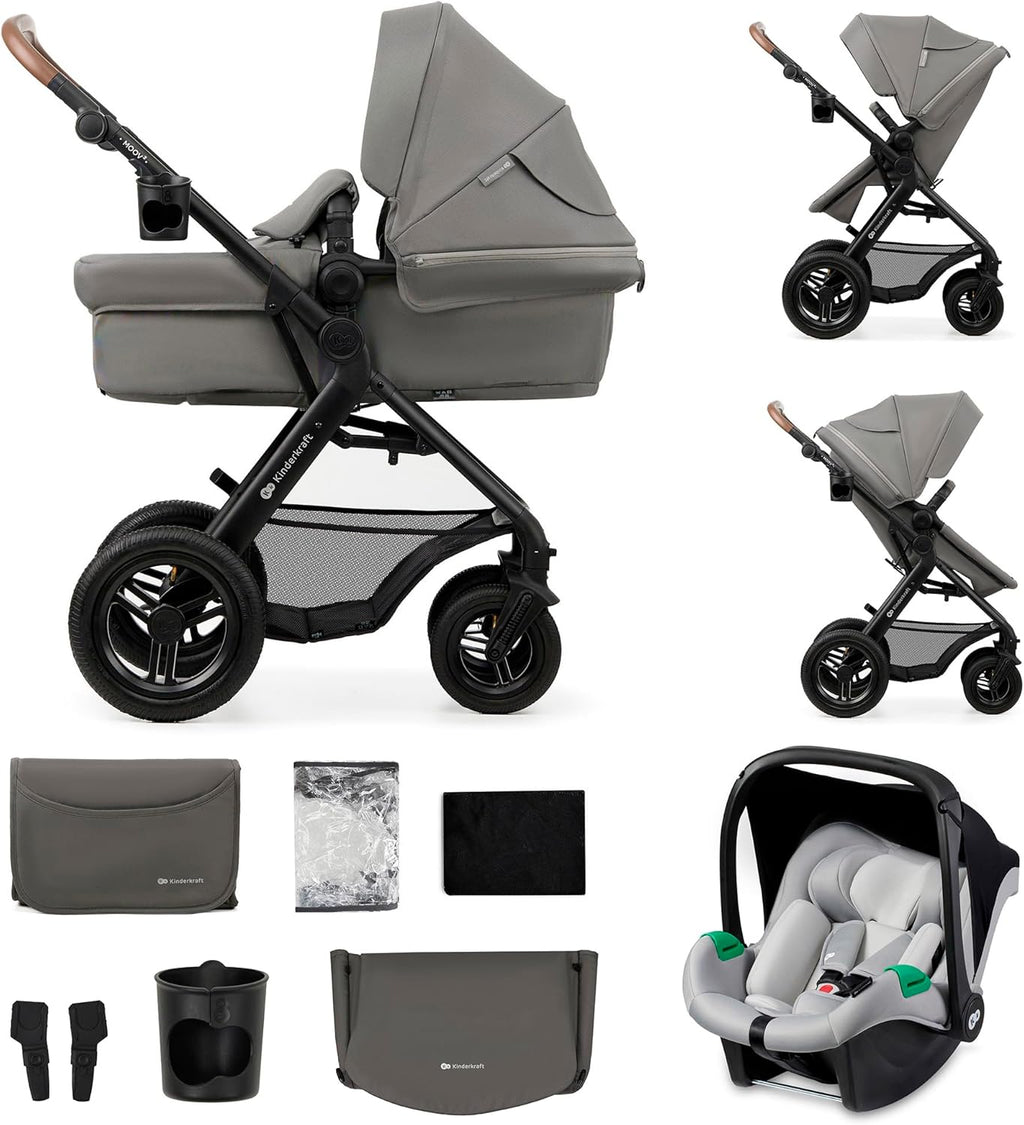 Kinderkraft MOOV2 Poussette 3 en 1, Système de voyage de la naissance à 27 kg, Siège auto Mink PRO I-Size inclus, Capote extensible avec filtre UPF50+, Accessoires pratiques, Gris