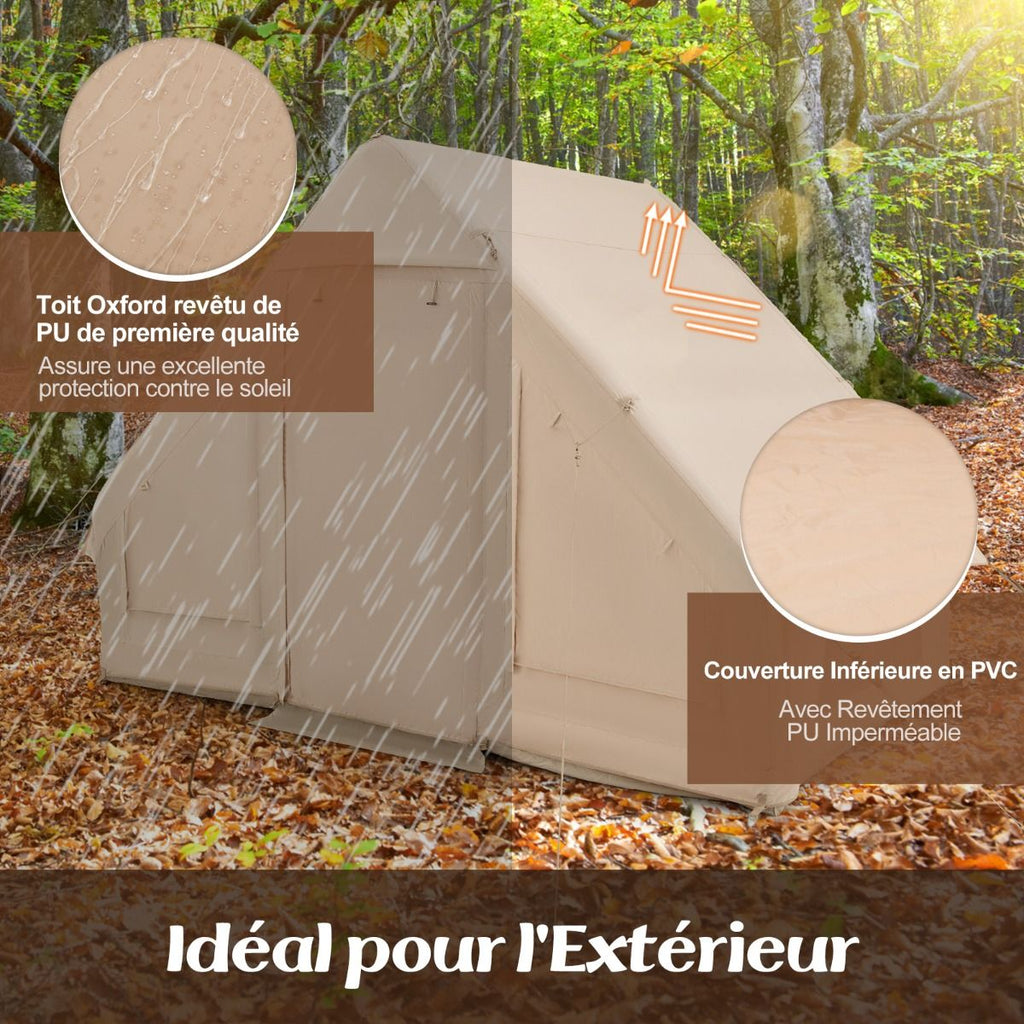 Tente de Camping Gonflable 6 m2 pour 4-6 Personnes Tente en Coton Coupe-vent et Imperméable avec Pompe 7 Fenêtres à Moustiquaire Beige