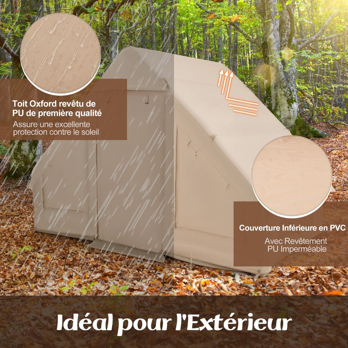 Tente de Camping Gonflable 6 m2 pour 4-6 Personnes Tente en Coton Coupe-vent et Imperméable avec Pompe 7 Fenêtres à Moustiquaire Beige