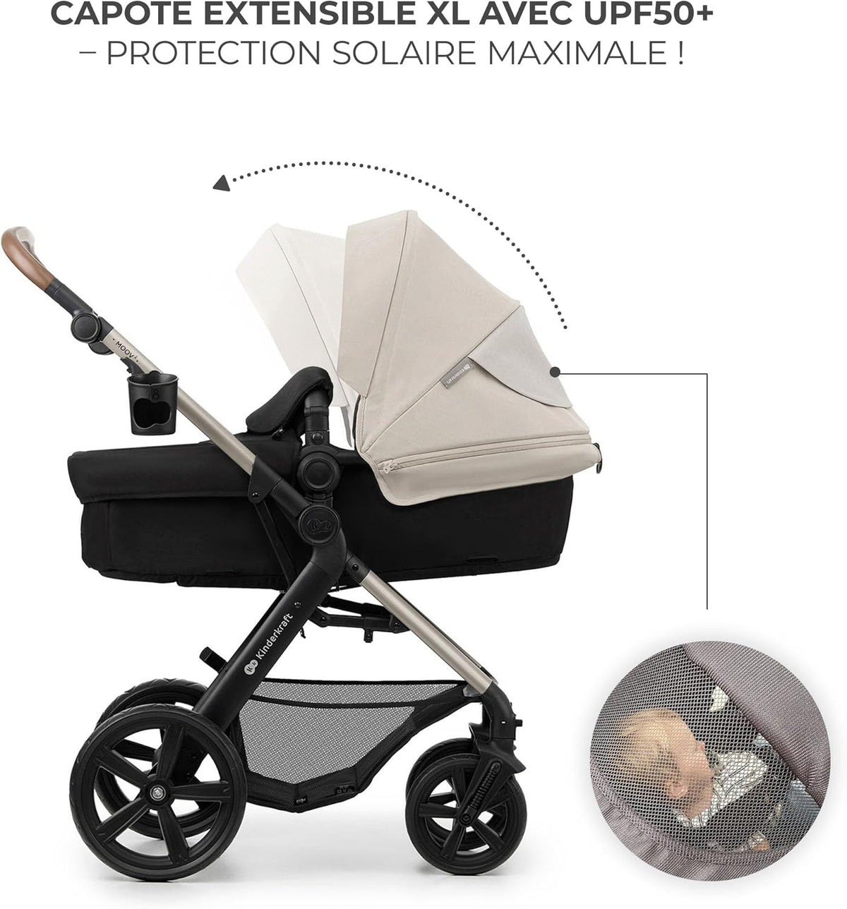 Kinderkraft MOOV2 Poussette 3 en 1, Système de voyage de la naissance à 27 kg, Siège auto Mink PRO I-Size inclus, Capote extensible avec filtre UPF50+, Accessoires pratiques, Gris