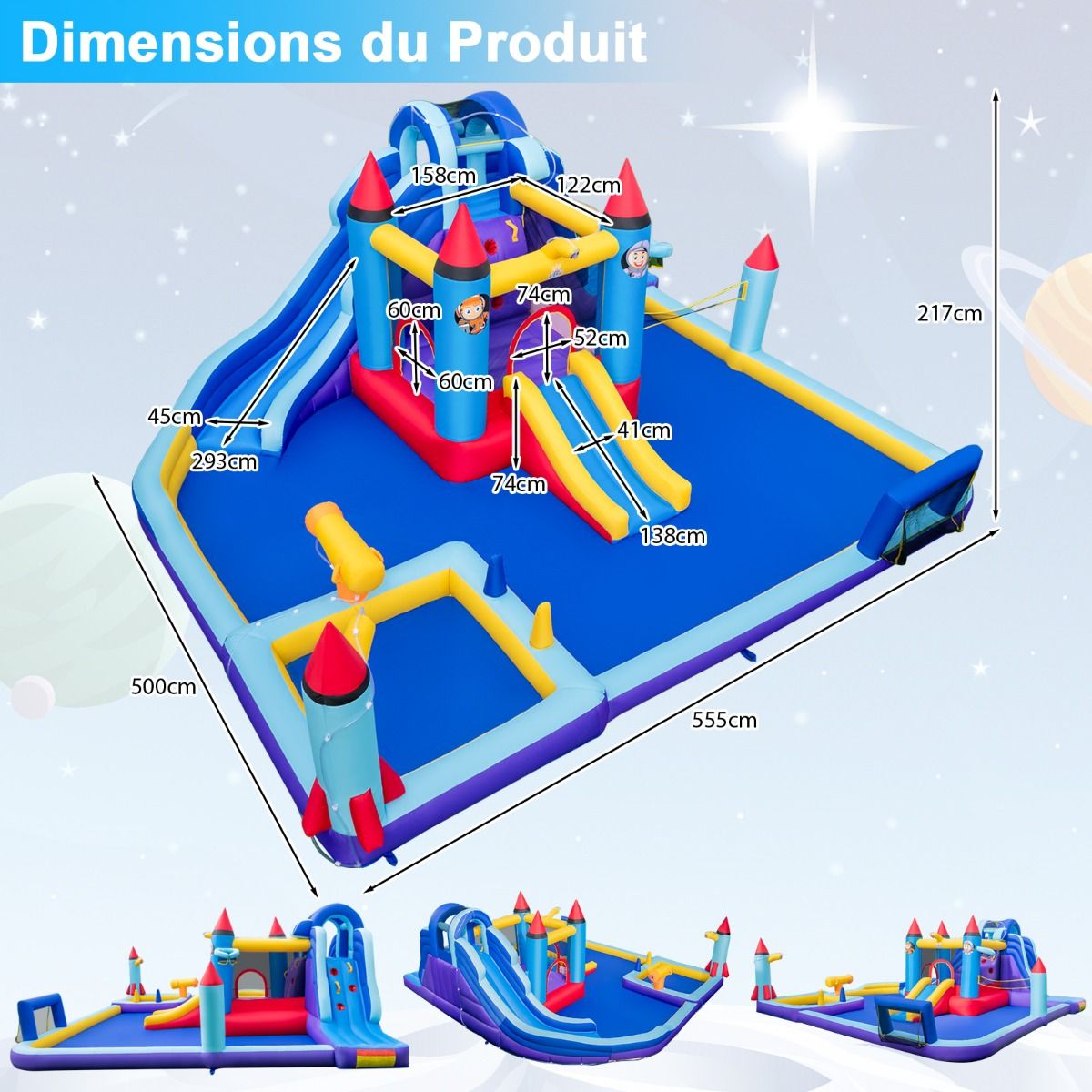 Chateau Gonflable à Toboggans Aquatiques Thème de La Fusée pour Enfants Piscine Zone de Saut Pistolet à Eau Escalade Souffleur de 850 W Multicolore