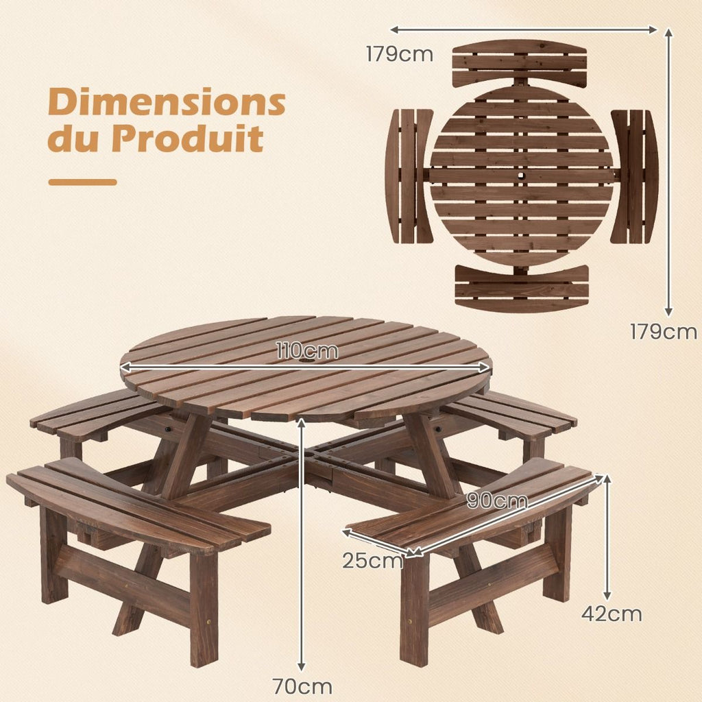 Ensemble Table de Pique-Nique en Bois pour 2 à 8 Personnes Set Table et Banc Circulaire avec 4 Bancs Intégrés Trou de Parasol de 5cm Marron/Jaune