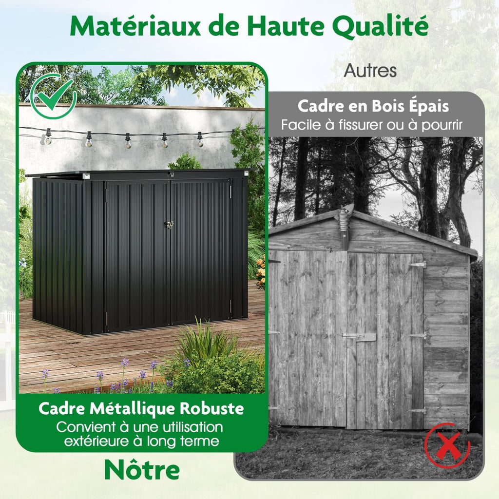 Abri de Stockage en Métal Galvanisé pour Poubelles Extérieur Abri de Jardin Verrouillable avec Toit Ouvert 2 Portes 172X95,5X130CM Gris