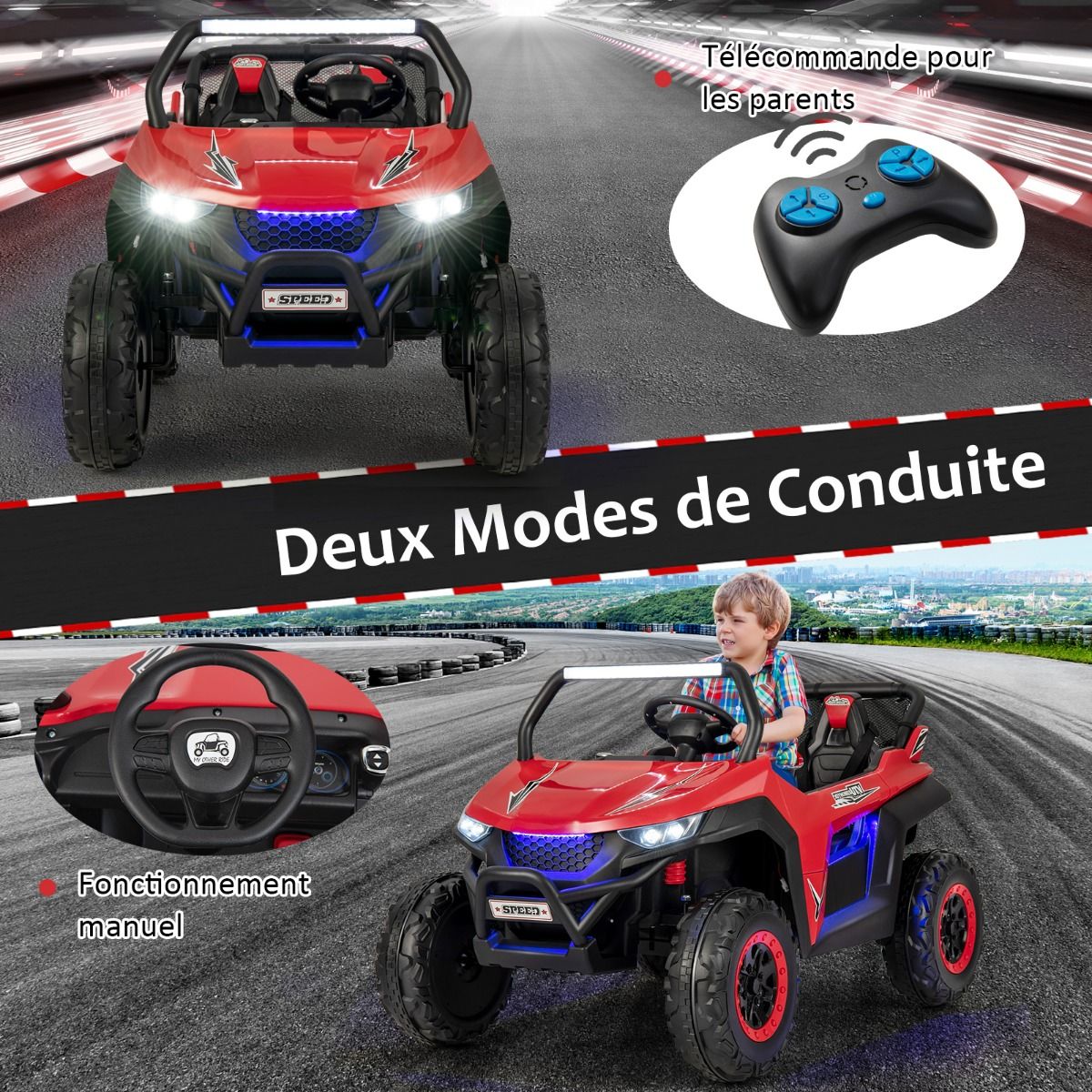 Voiture électrique Enfant 12 V Télécommande pour 3-8 Ans 2 Vitesses Ressort de Suspension Charge 59KG 118x74x71CM Noir/Rose/Rouge