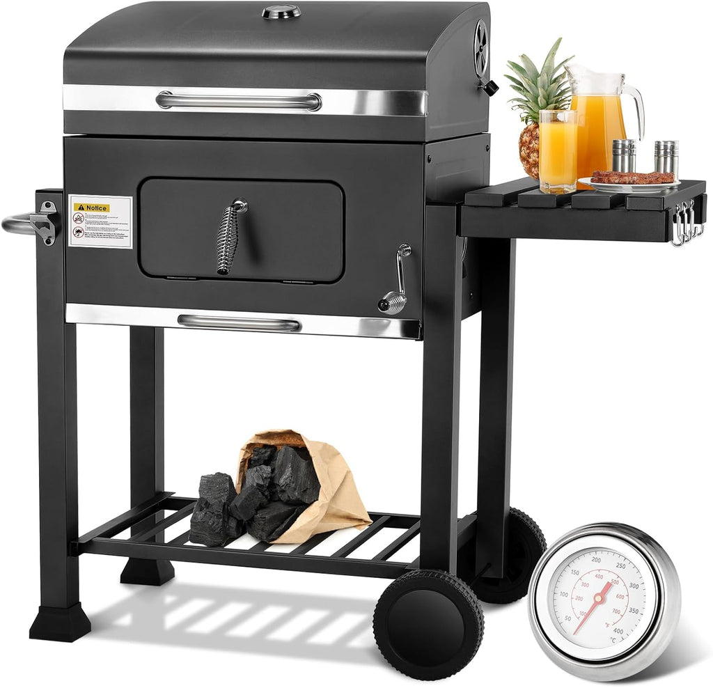 Barbecue Charbon de Bois XL, Chariot à Barbecue, Grill XL à Charbon avec Couvercle, Roues et Thermomètre, Réglable en Hauteur, Grand Barbecue au Charbon de Bois, pour Camping et Jardin, Noir