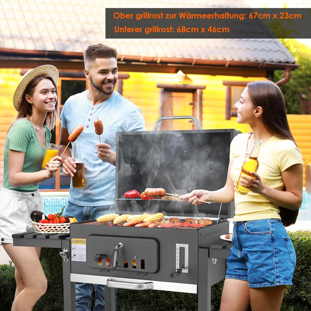 Barbecue Charbon de Bois XL, Chariot à Barbecue, Grill XL à Charbon avec Couvercle, Roues et Thermomètre, Réglable en Hauteur, Grand Barbecue au Charbon de Bois, pour Camping et Jardin, Noir