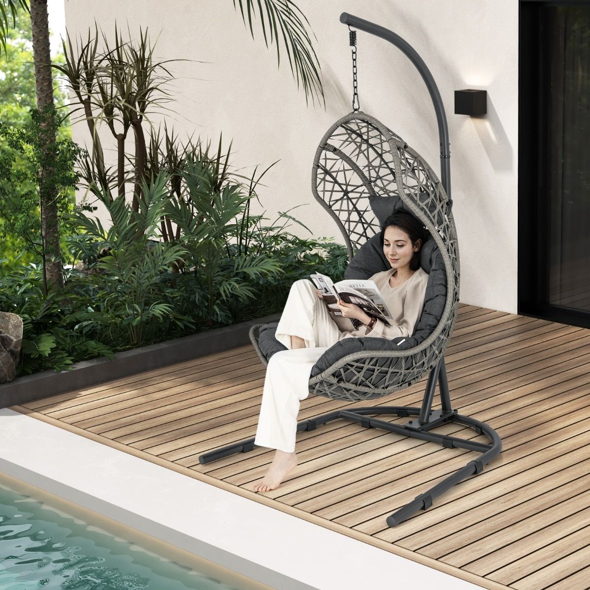 Chaise Oeuf en Rotin PE avec Support avec Oreiller et Coussin Chaise Suspendue avec Accessoires de Suspension Capacité 160 Kg Gris