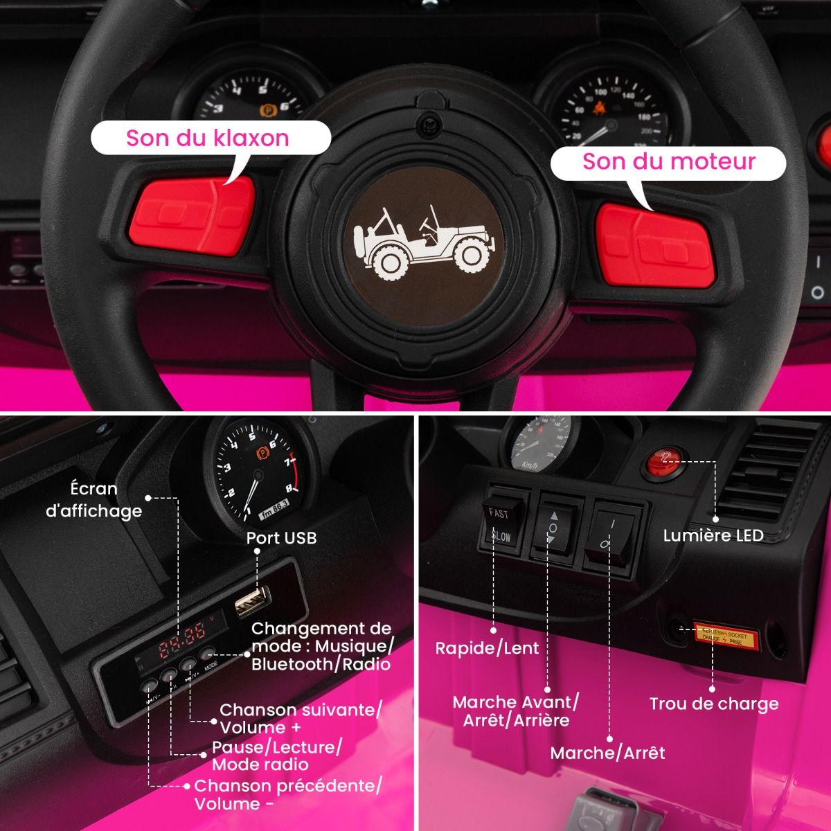 24V Voiture électrique 2 Places Enfants avec Télécommande 2,4G Musique LED Démarrage Lent 2 Vitesses Charge 35kg pour 3-8 Ans+ Rouge/Rose/Vert