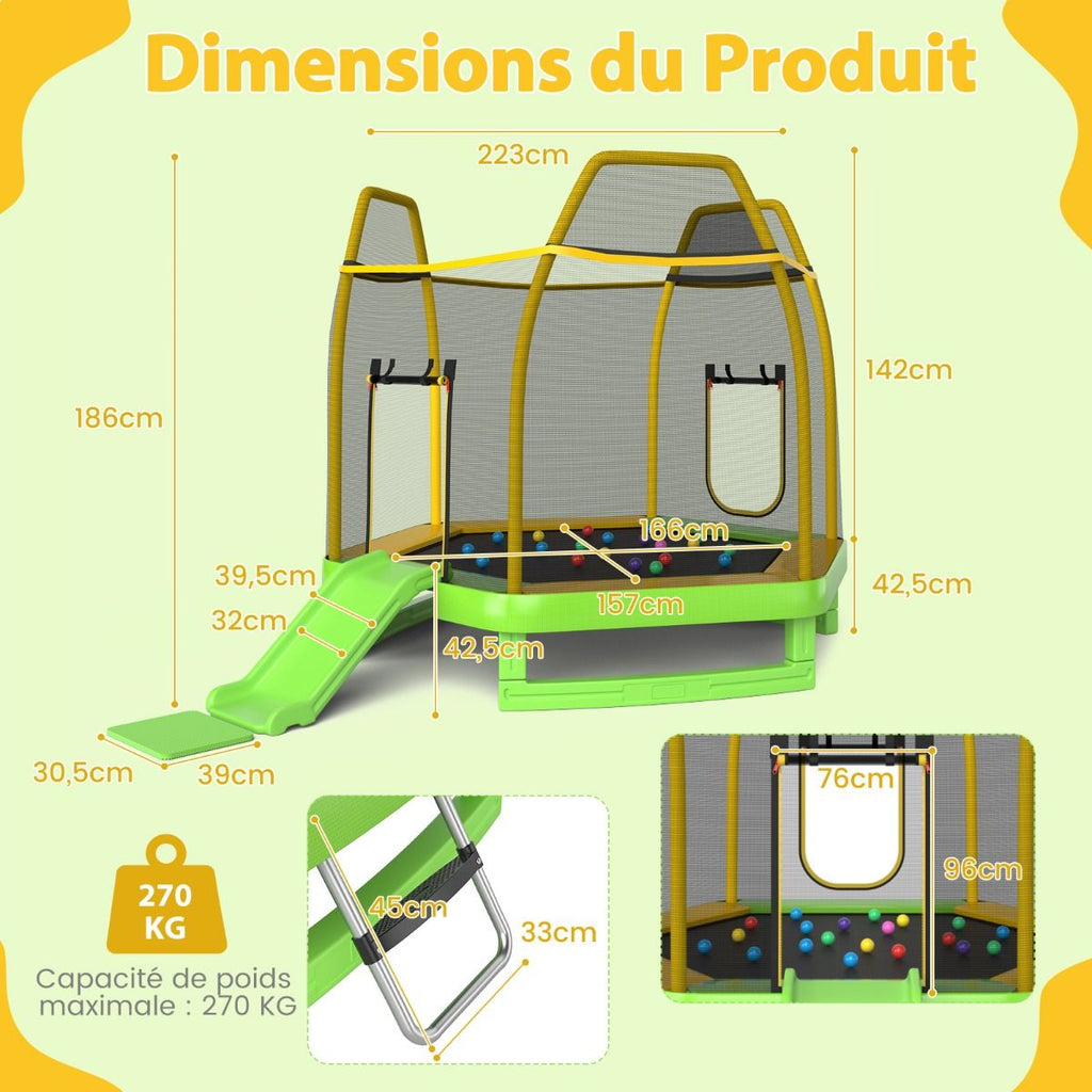 Trampoline Extérieur ? 223cm avec Toboggan&Echelle avec Filet de Sécurité 2 Portes en U Charge 270kg pour 2-3 Enfants de 3 Ans+ Bleu/Vert