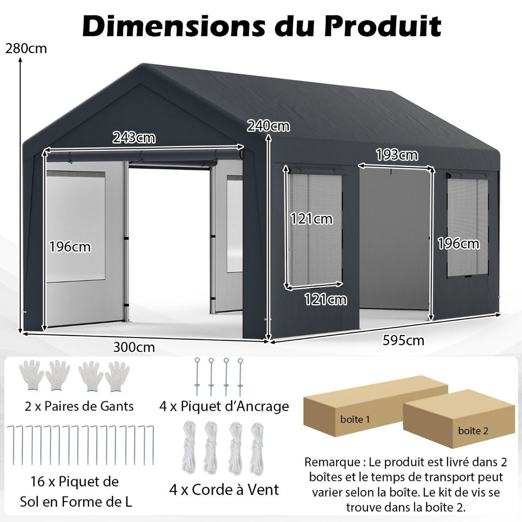 Abri de Voiture 595 x 300 cm Extérieur Tente de Garage avec 8 Parois Latérales Amovibles Portes Enroulables Fenêtres Ventilées Gris