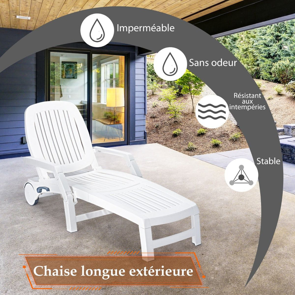 Chaise Longue Inclinable Réglable à 5 Positions avec Roues Flexibles Fauteuil Relax de Camping avec Bo?te de Rangement Charge 150KG Blanc