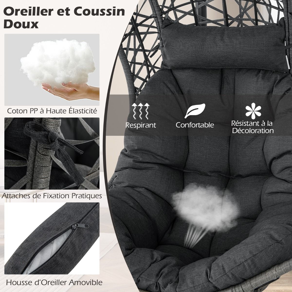 Chaise Oeuf en Rotin PE avec Support avec Oreiller et Coussin Chaise Suspendue avec Accessoires de Suspension Capacité 160 Kg Gris