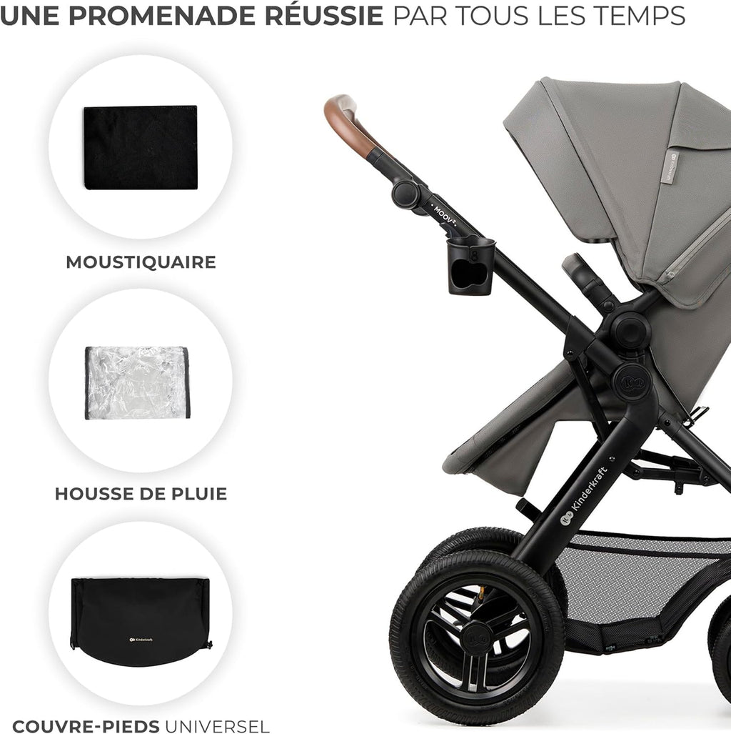 Kinderkraft MOOV2 Poussette 3 en 1, Système de voyage de la naissance à 27 kg, Siège auto Mink PRO I-Size inclus, Capote extensible avec filtre UPF50+, Accessoires pratiques, Gris