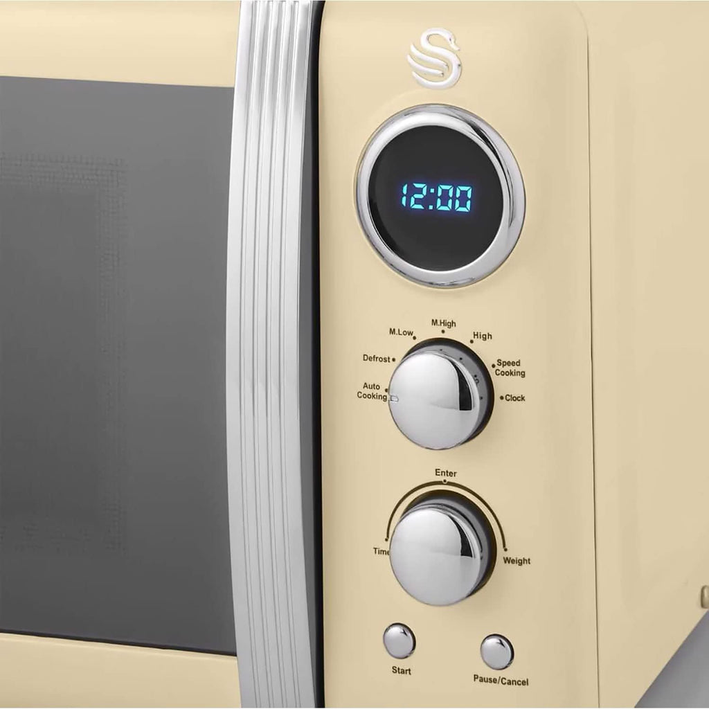 Swan Retro Ensemble Petit-Déjeuner, Bouilloire 1,8 L, Grille-Pain 2 Tranches à Fente Large, Micro-Ondes Numérique 20L, 6 Niveaux de Puissance, Minuteur, Porte Miroir, Design Vintage, Crème