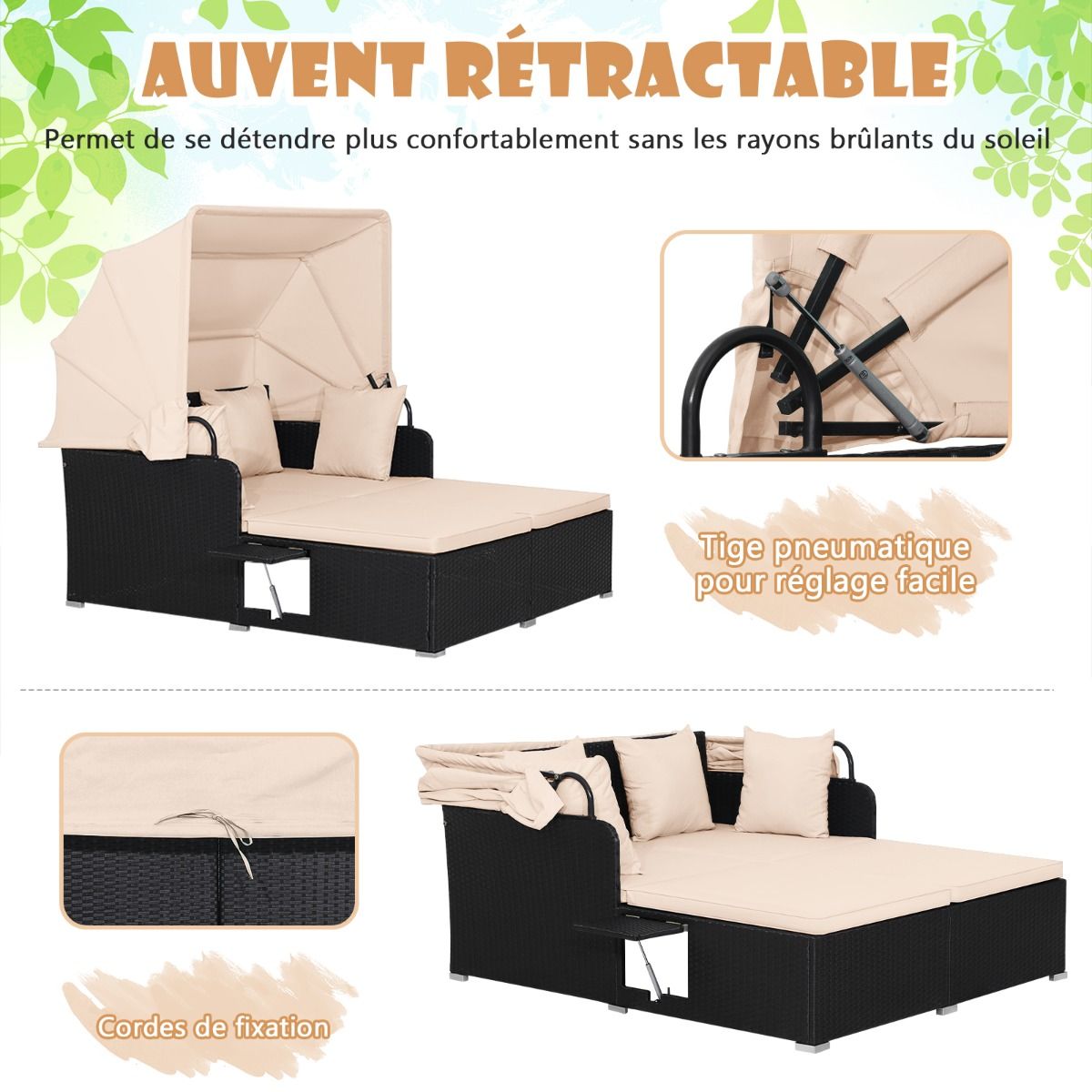 Chaise Longue à 2 Places en Rotin avec Auvent Rétractable Bain de Soleil avec Panneaux Latéraux Pliables Charge 360KG Beige/Gris