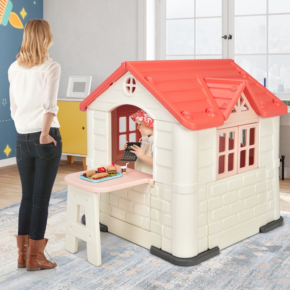 Maison Chef House -Thème Burger Bar - Table de Pique Nique Cabane de Jardin Anti-UV en Plastique 164x124x132 cm Bleu/Rose/Jaune