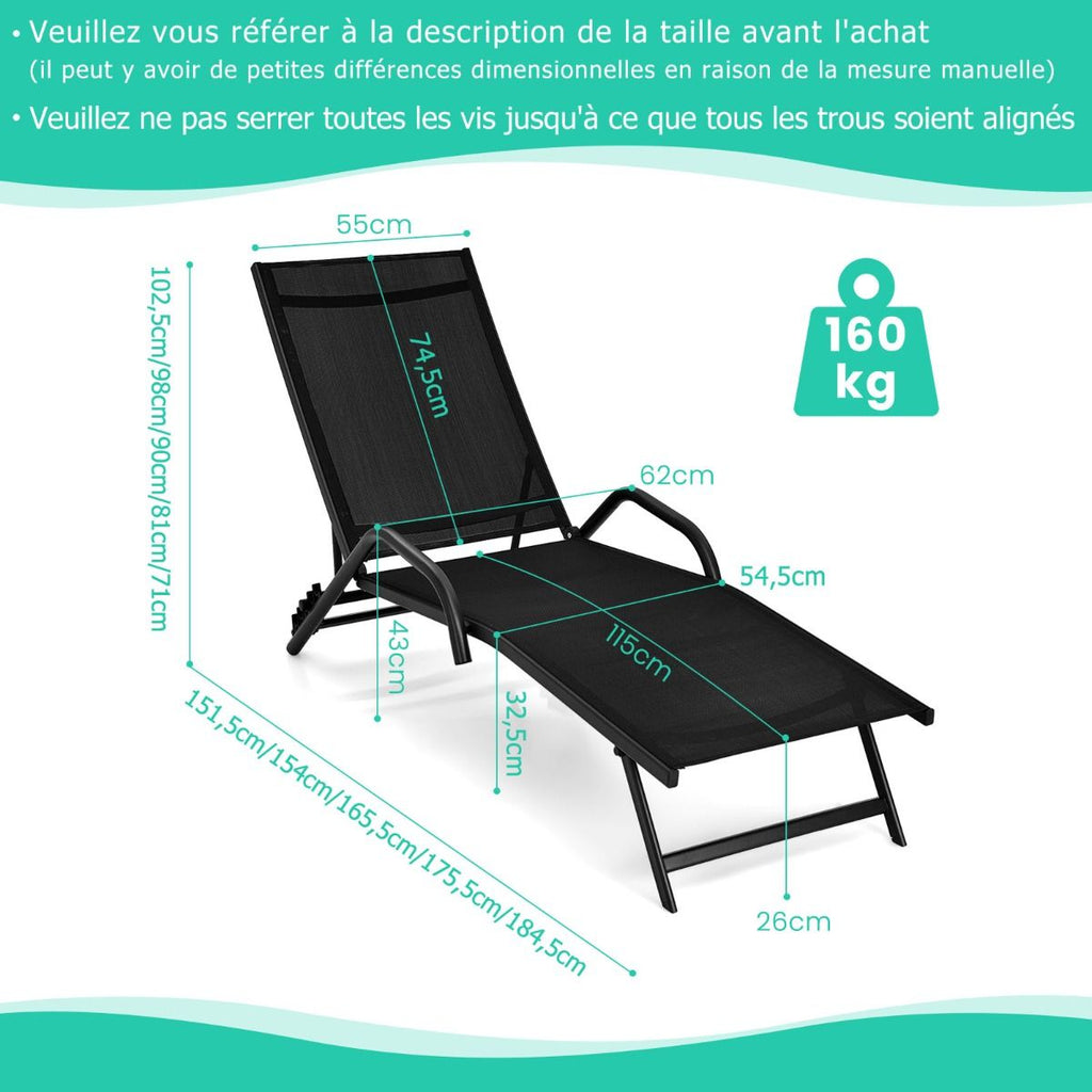 Lot de 2 Bains de Soleil Inclinables d'Extérieur avec Accoudoirs et Dossier Réglable à 5 Positions Charge 160 kg Noir