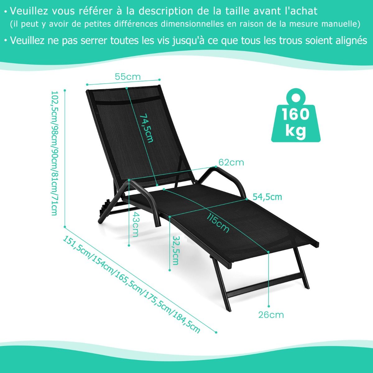 Lot de 2 Bains de Soleil Inclinables d'Extérieur avec Accoudoirs et Dossier Réglable à 5 Positions Charge 160 kg Noir