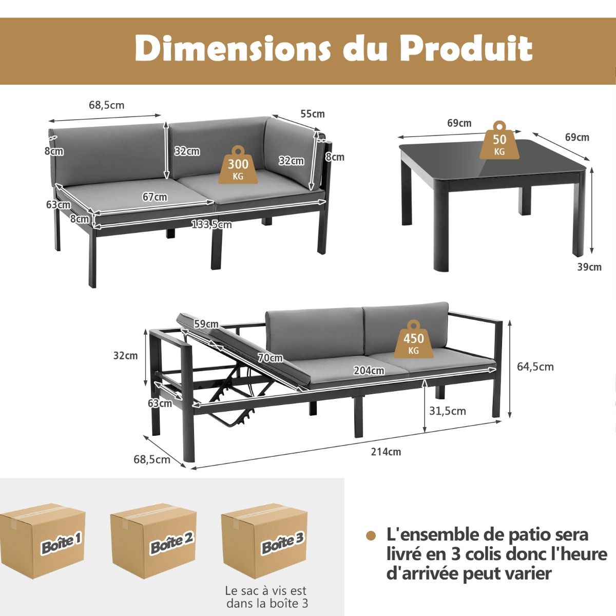 Salon de Jardin Extérieur avec Table Basse en Verre Trempé Canapéavec Dossier Inclinable à 6 Niveaux Coussins Inclus Gris