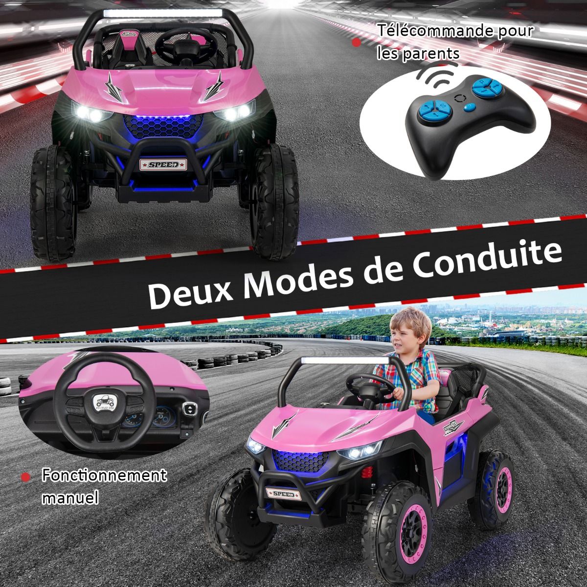 Voiture électrique Enfant 12 V Télécommande pour 3-8 Ans 2 Vitesses Ressort de Suspension Charge 59KG 118x74x71CM Noir/Rose/Rouge