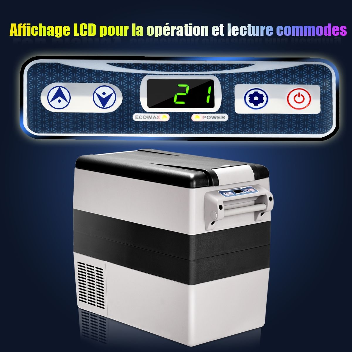 Réfrigérateur 52l de Voiture -20°C/+10°C Mini Réfrigérateur Portable Ecran Lcd Adaptateur 69x34,5x52,5cm Noir+Gris