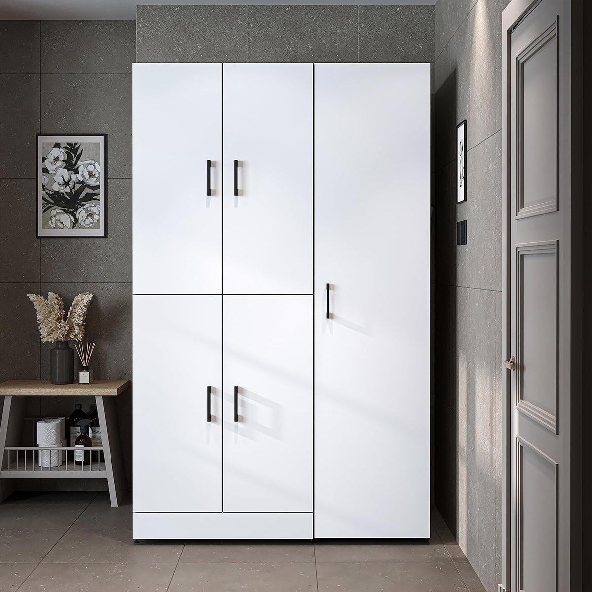 ROOMART Dora - Armoire de machine à laver - Pour sèche-linge et machine à laver - En 4 couleurs - Avec portes et panneau coulissant - Blanc - Chêne blanc - Chêne anthracite - Chêne blanc (chêne blanc)