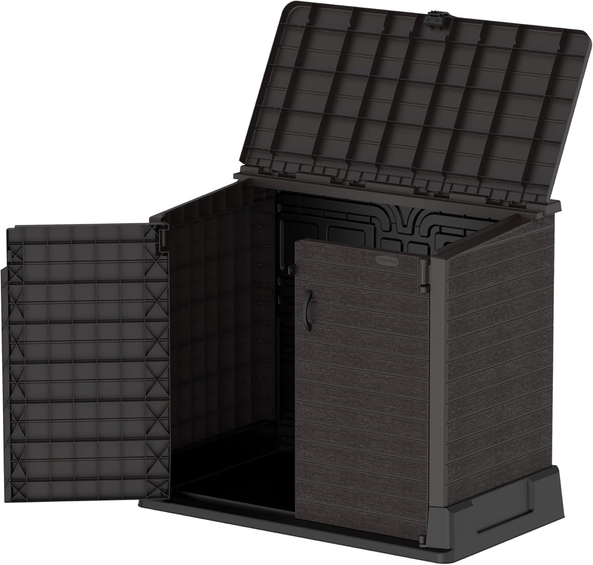 Duramax StoreAway 1200L Plastic Garden Shed/ Flat Lid, Outdoor Storage Shed, Wheelie Bin Hideaways, Wheelie bin box, Durable Construction, Ideal for Bikes, BBQs & 2x 240L Bins, 145x85x125 cm, Brown