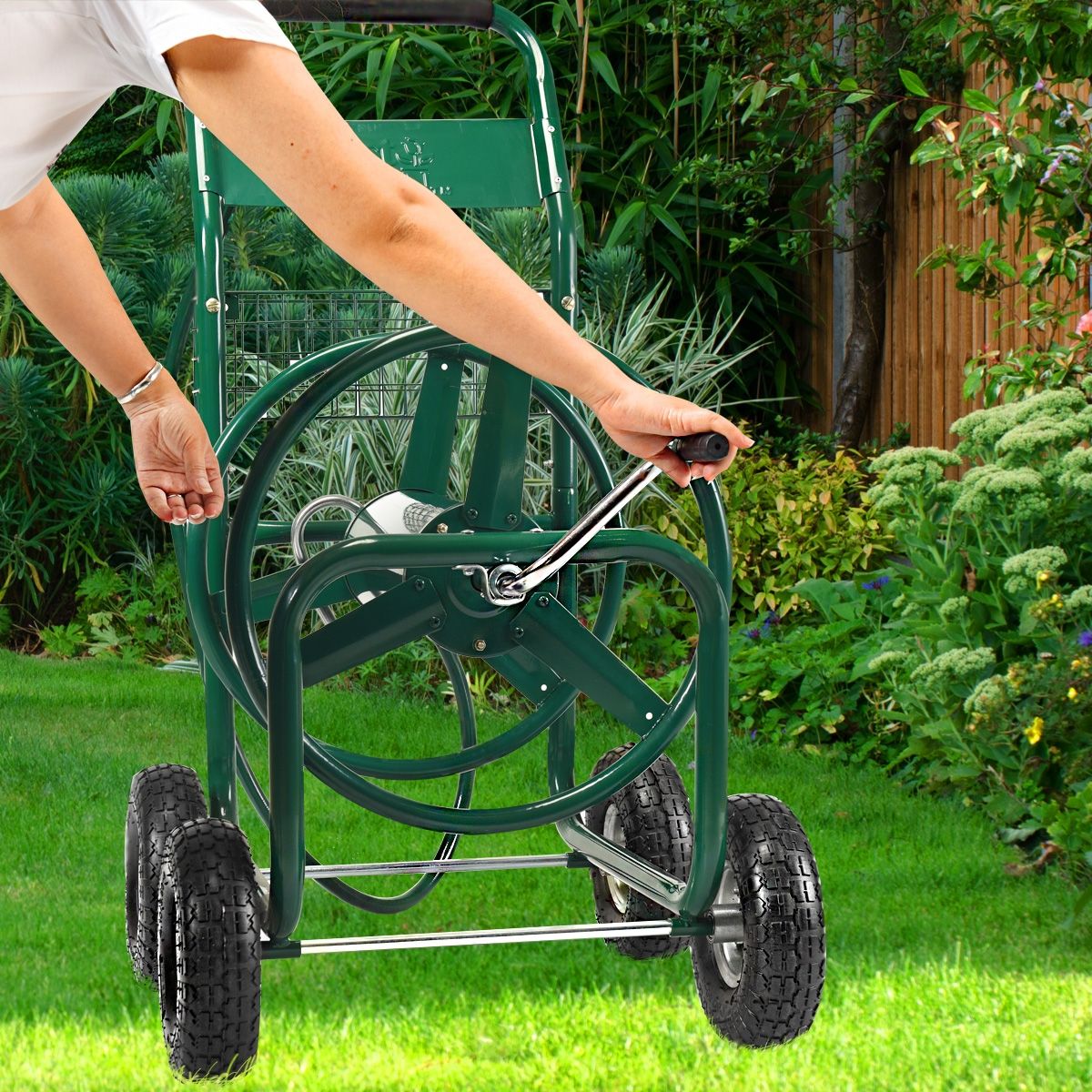 Dévidoir de Tuyau d’Arrosage avec 4 Roulettes Chariot pour 1.7m de Tuyau d’Arrosage Panier, 95x62x113cm, Vert