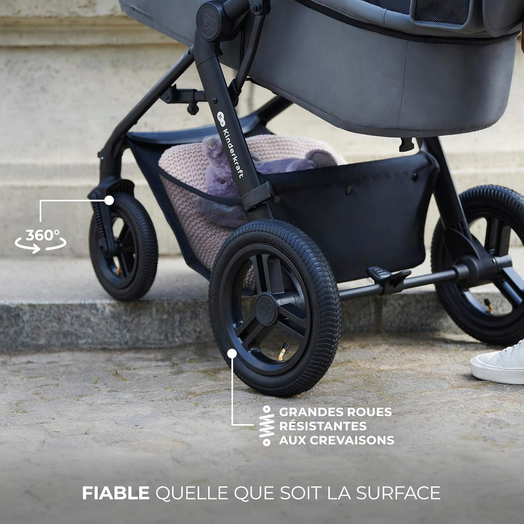 Kinderkraft MOOV2 Poussette 3 en 1, Système de voyage de la naissance à 27 kg, Siège auto Mink PRO I-Size inclus, Capote extensible avec filtre UPF50+, Accessoires pratiques, Gris