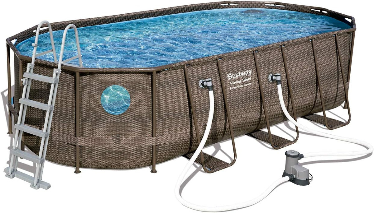 Bestway 56946 Piscine Power Steel? Swim Vista ovale 488 x 305 x 107 cm motif rotin avec hublots, filtration à sable, échelle, bache et diffuseur Chemconnect?