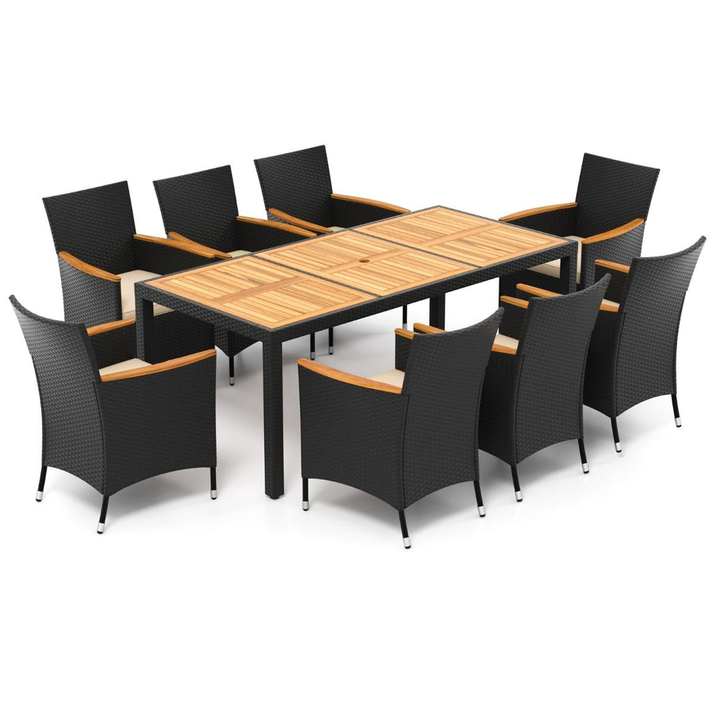 Salon de Jardin en Rotin 9 Pièces Plateau de Table en Acacia Ensemble de Salle à Manger avec Coussins Amovibles Trou Charge 180KG Beige+Noir