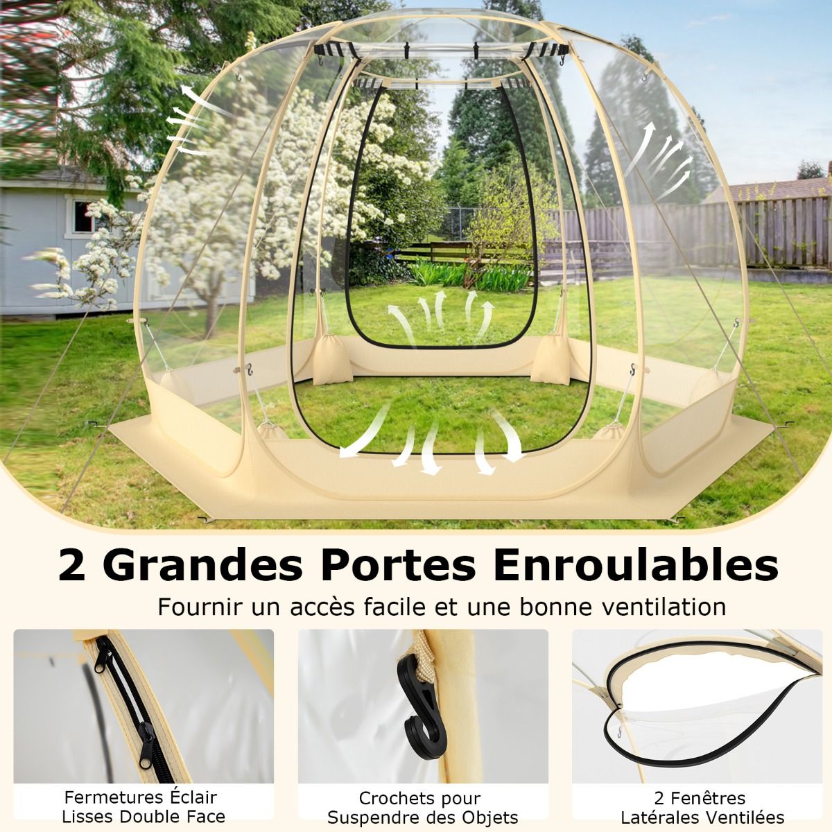 Tente Bulle à Ouverture Instantanée pour 6 à 10 Personnes Tente D?me d'Extérieur 328 x 328 cm Résistante Aux Intempéries Transparent