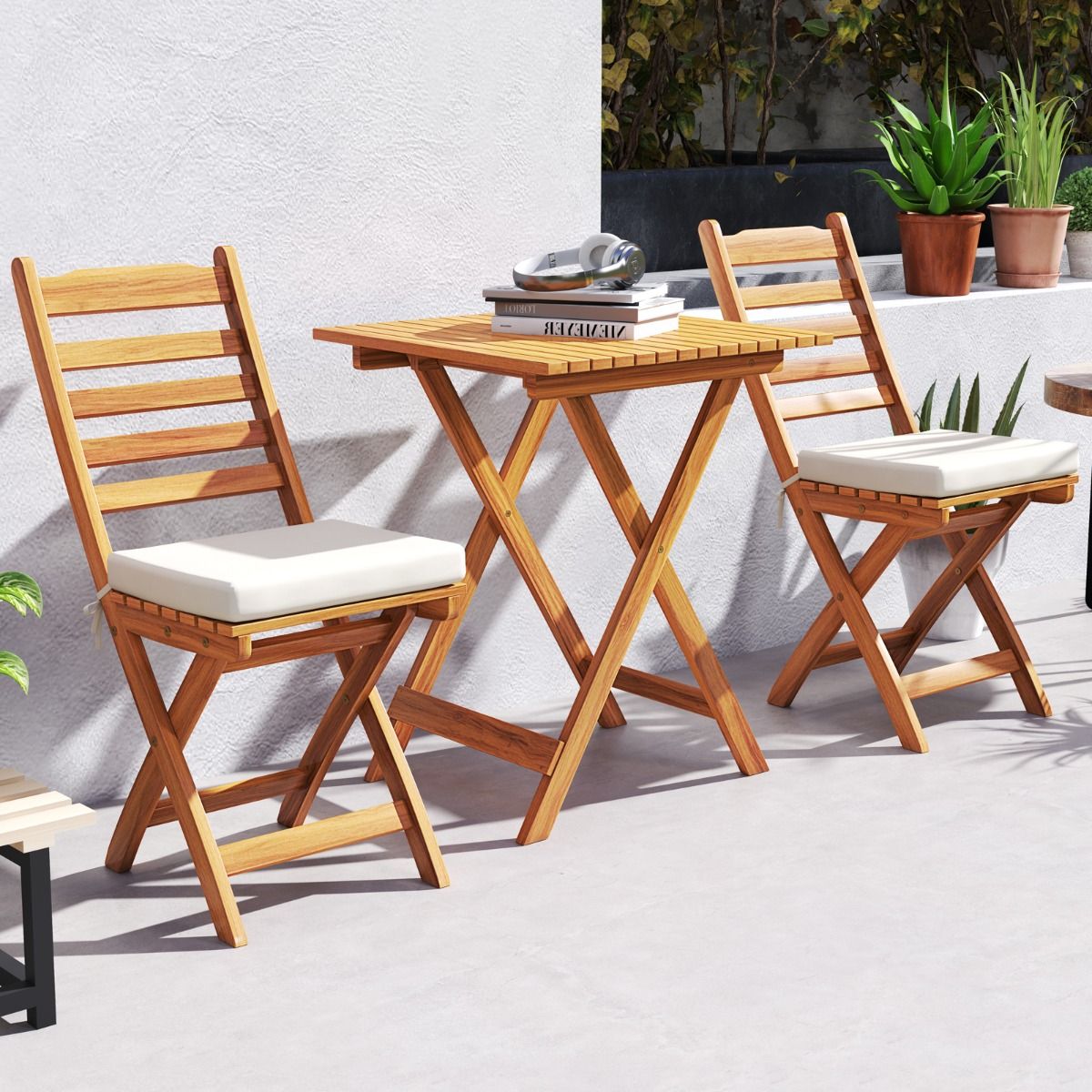 Ensemble Bistrot d'Extérieur en Bois d'Acacia Ensemble de Chaises Pliantes et Table Coussins de Siège Sans Accoudoirs à Dossier Haut Blanc
