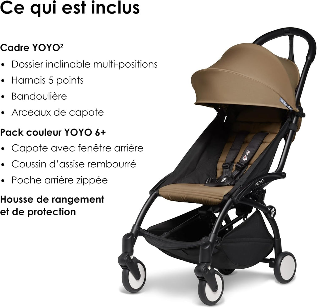 Poussette BABYZEN YOYO2 6+ (Cadre noir + pack couleur Aqua) - Comprend un harnais, un dossier, des arceaux de capote, une bandoulière, un coussin d’assise, et une capote assortie