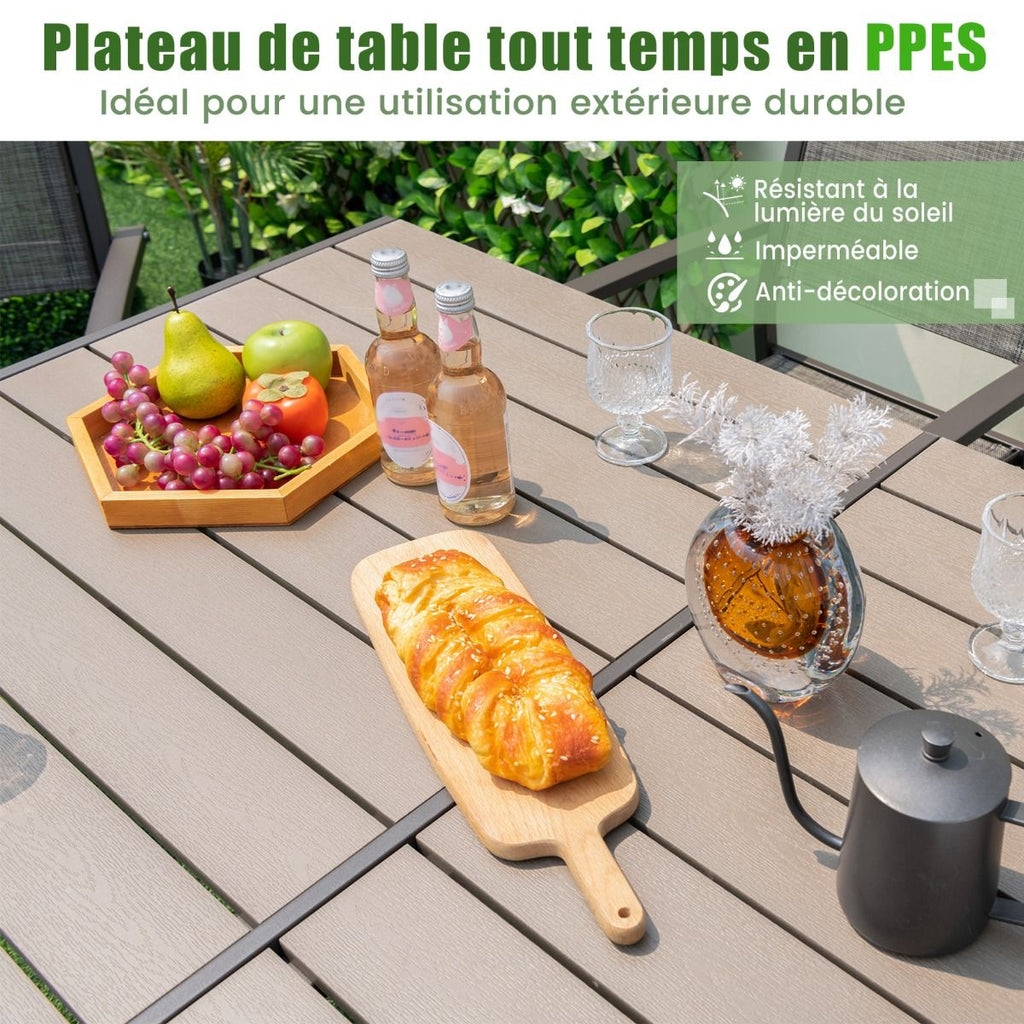 Ensemble de Meubles de Patio 7 Pièces pour 6 Personnes Salon de Jardin avec 6 Chaises Empilables et Table Rectangulaire Gris