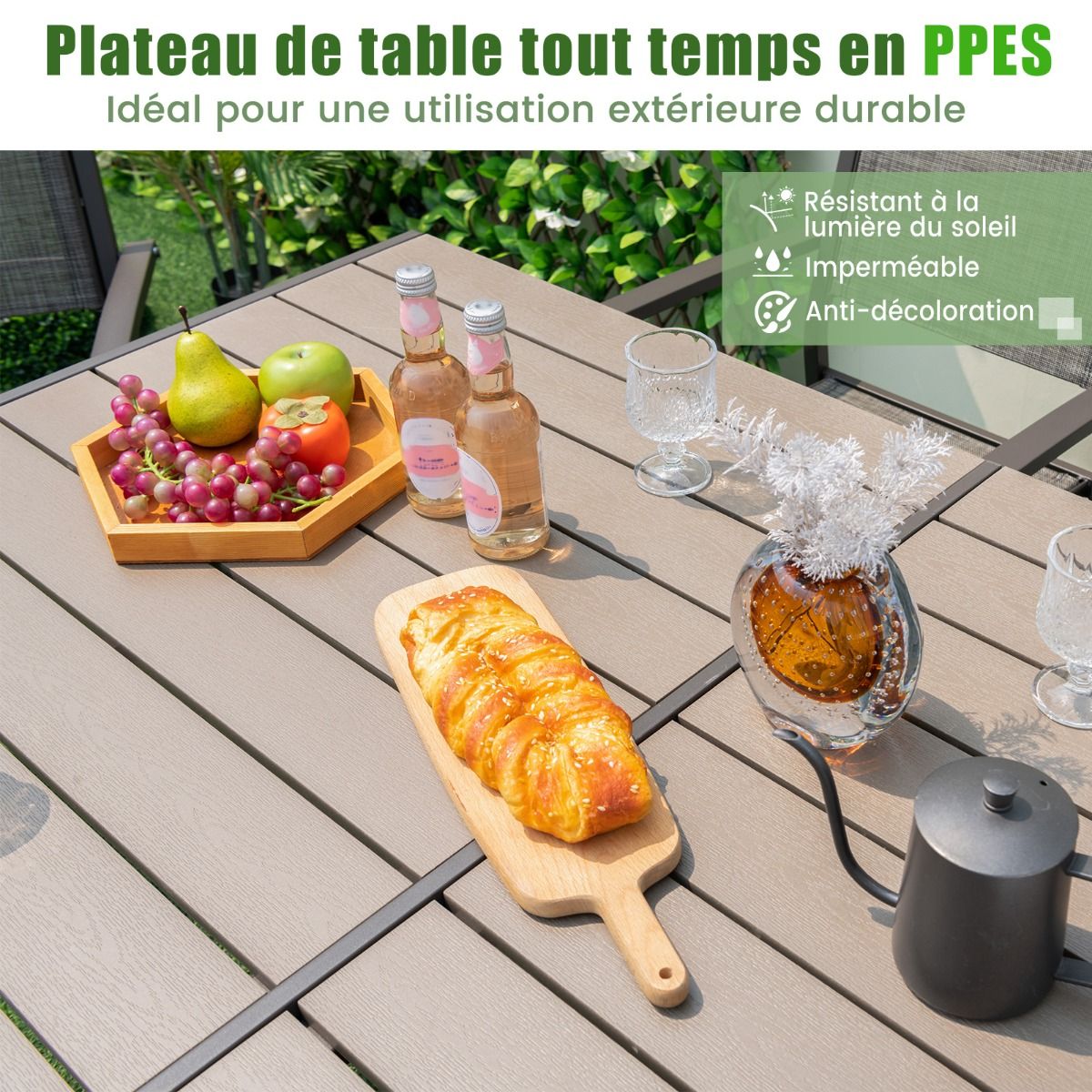 Ensemble de Meubles de Patio 7 Pièces pour 6 Personnes Salon de Jardin avec 6 Chaises Empilables et Table Rectangulaire Gris